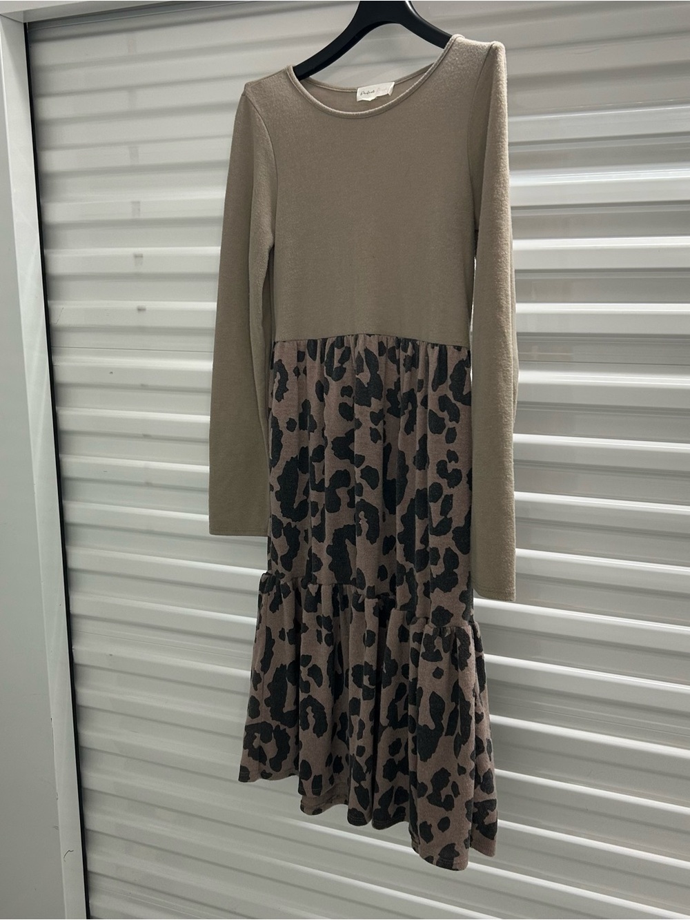 Long Sleeve Taupe Top with Taupe & Black Animal Print Midi Skirt Dress